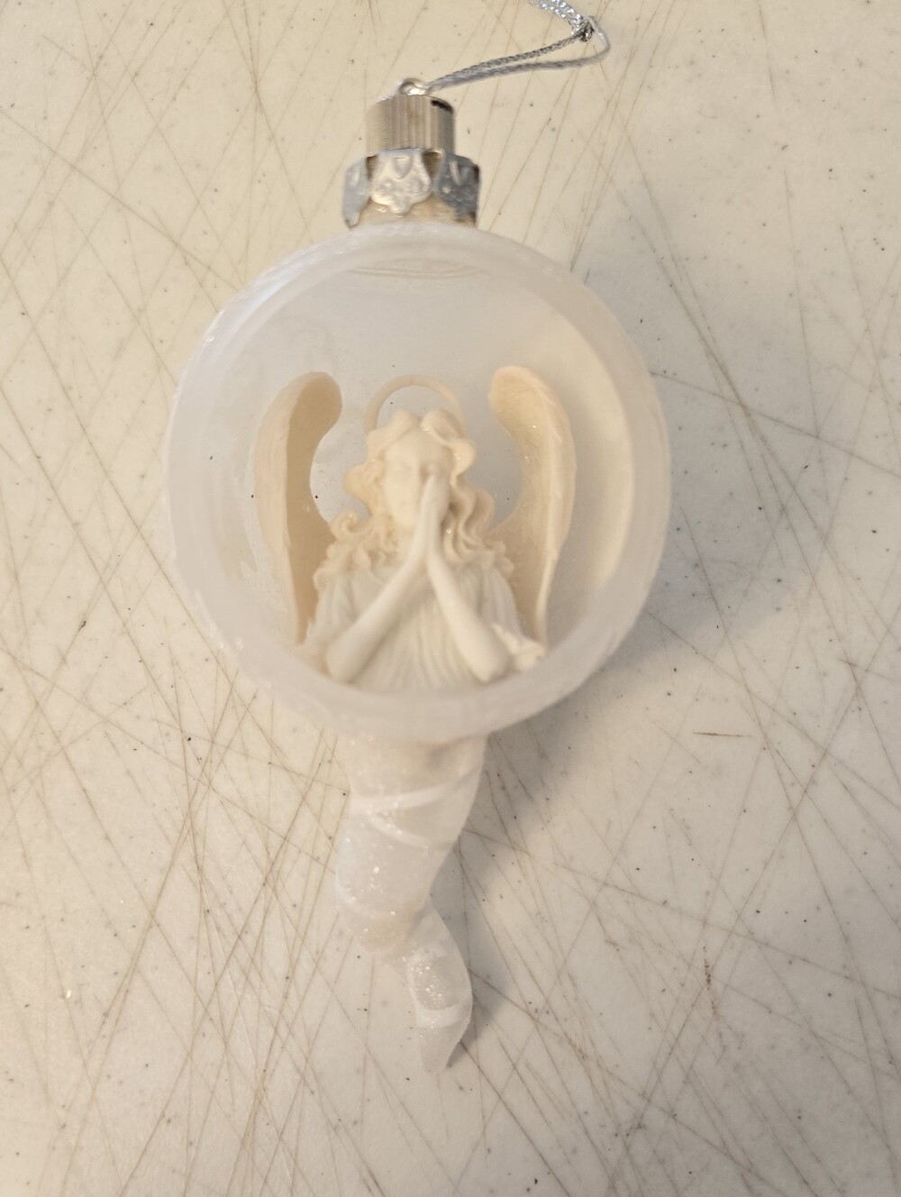 Vintage Clear Plastic? Christmas DIORAMA Ceramic ANGEL Globe Ornament Snow READ